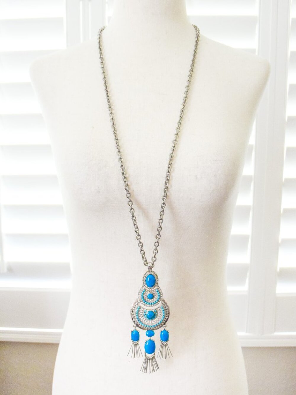 *Graziano* Silver-tone Turquoise Stone Filigree Statement Long Pendant Necklace